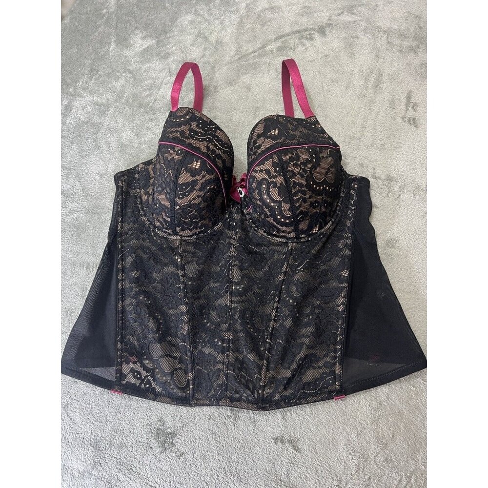 Adore Me Moreen Black Pink Bustier Size 42DD Sexy Plus Lace Coquette Girly